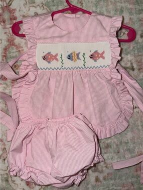 Stichy Fish Pink Smocked fish side tie diaper Set